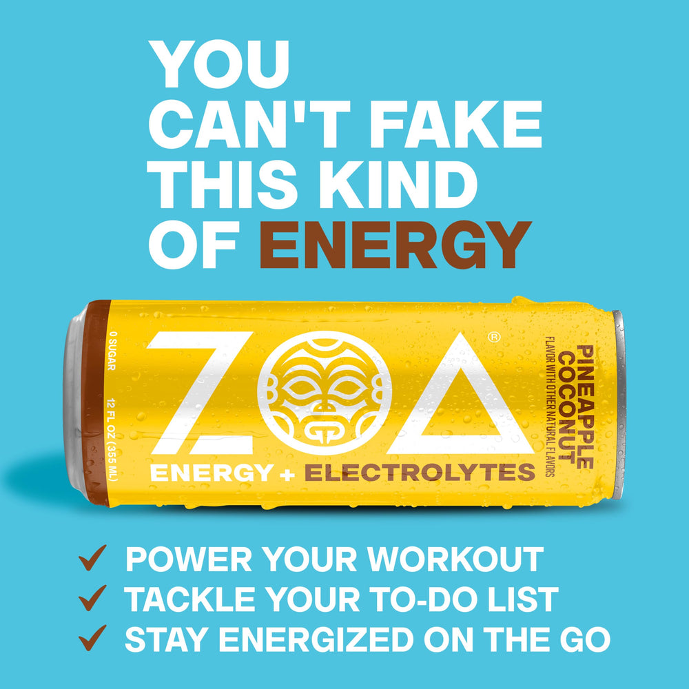 Hand holding ZOA Pineapple Coconut can to show size and portable energy benefit