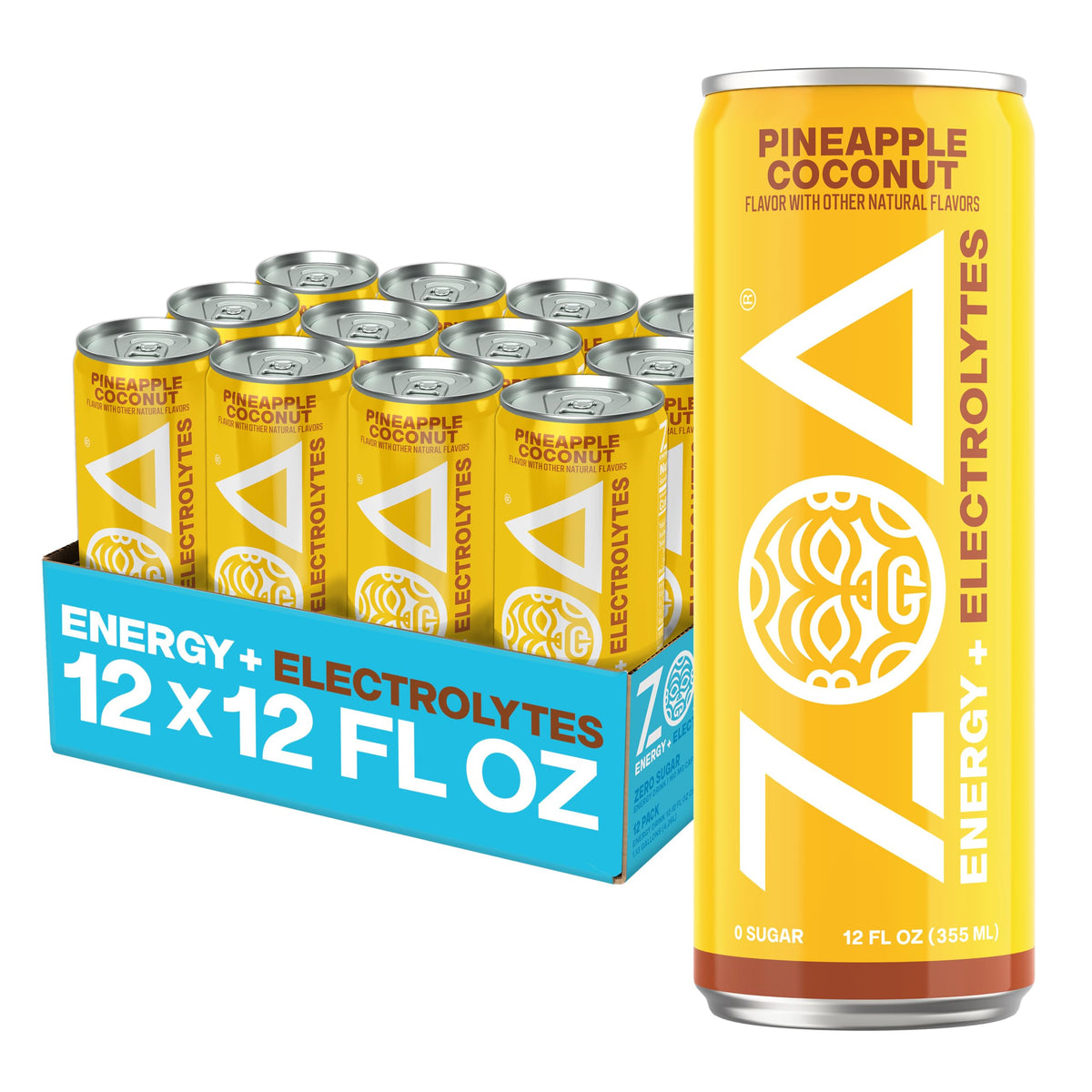 ZOA Pineapple Coconut 12-pack front showing cans and vibrant design for easy stocking
