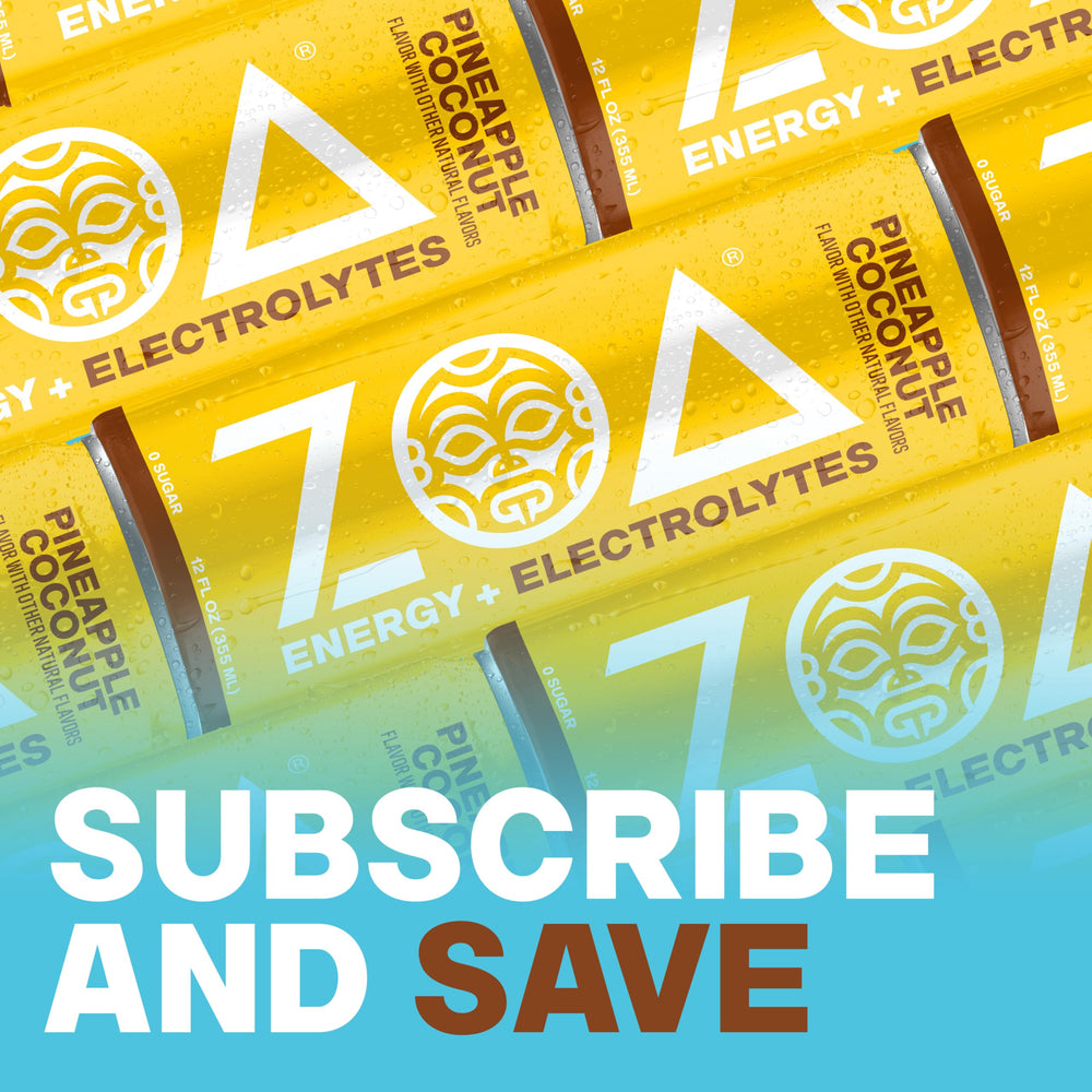 ZOA can beside fresh pineapple and coconut emphasizing tropical flavor benefit