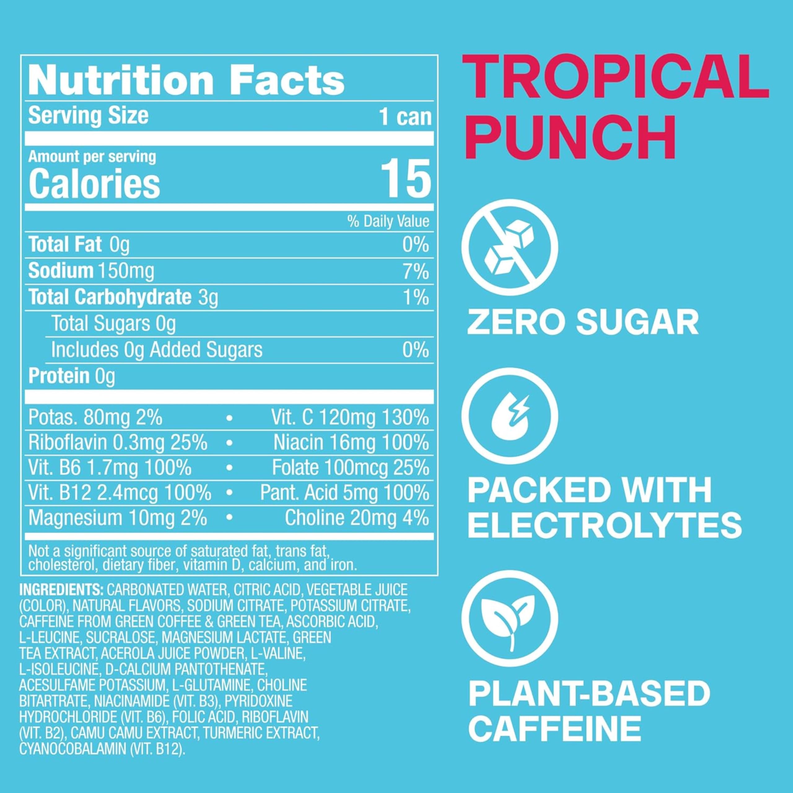 Close-up of ZOA Tropical Punch can label highlighting ingredients and benefits
