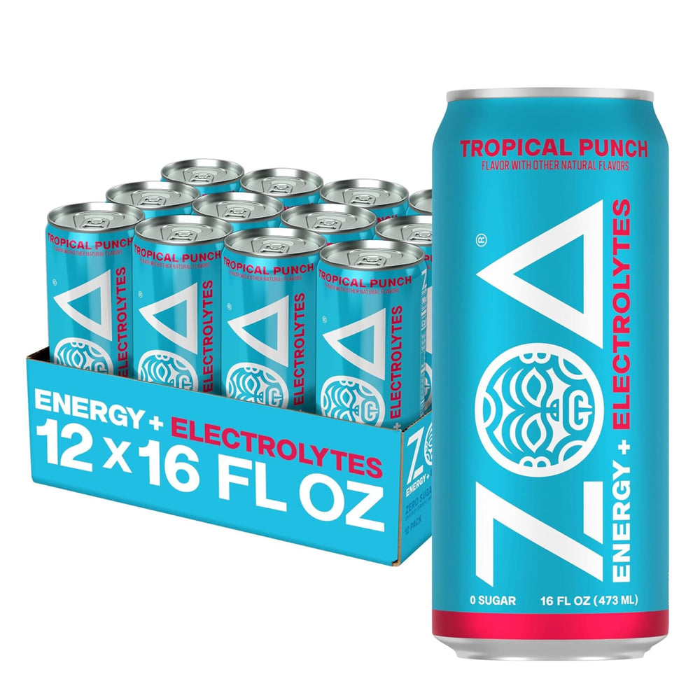 ZOA Tropical Punch front packaging showing 12-pack and refreshing look
