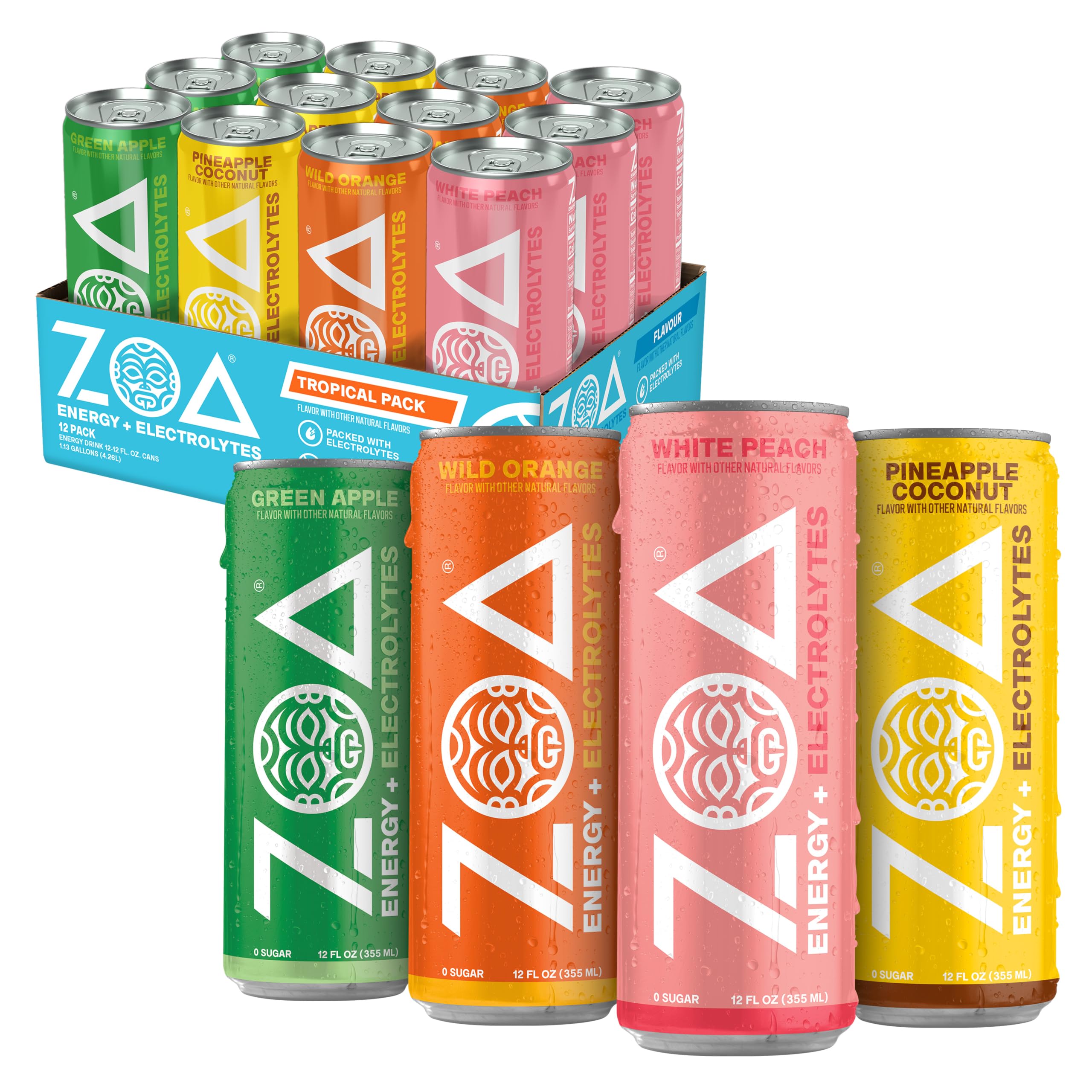 ZOA tropical variety pack front packaging showing all four flavors and benefit