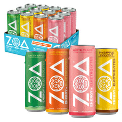ZOA tropical variety pack front packaging showing all four flavors and benefit