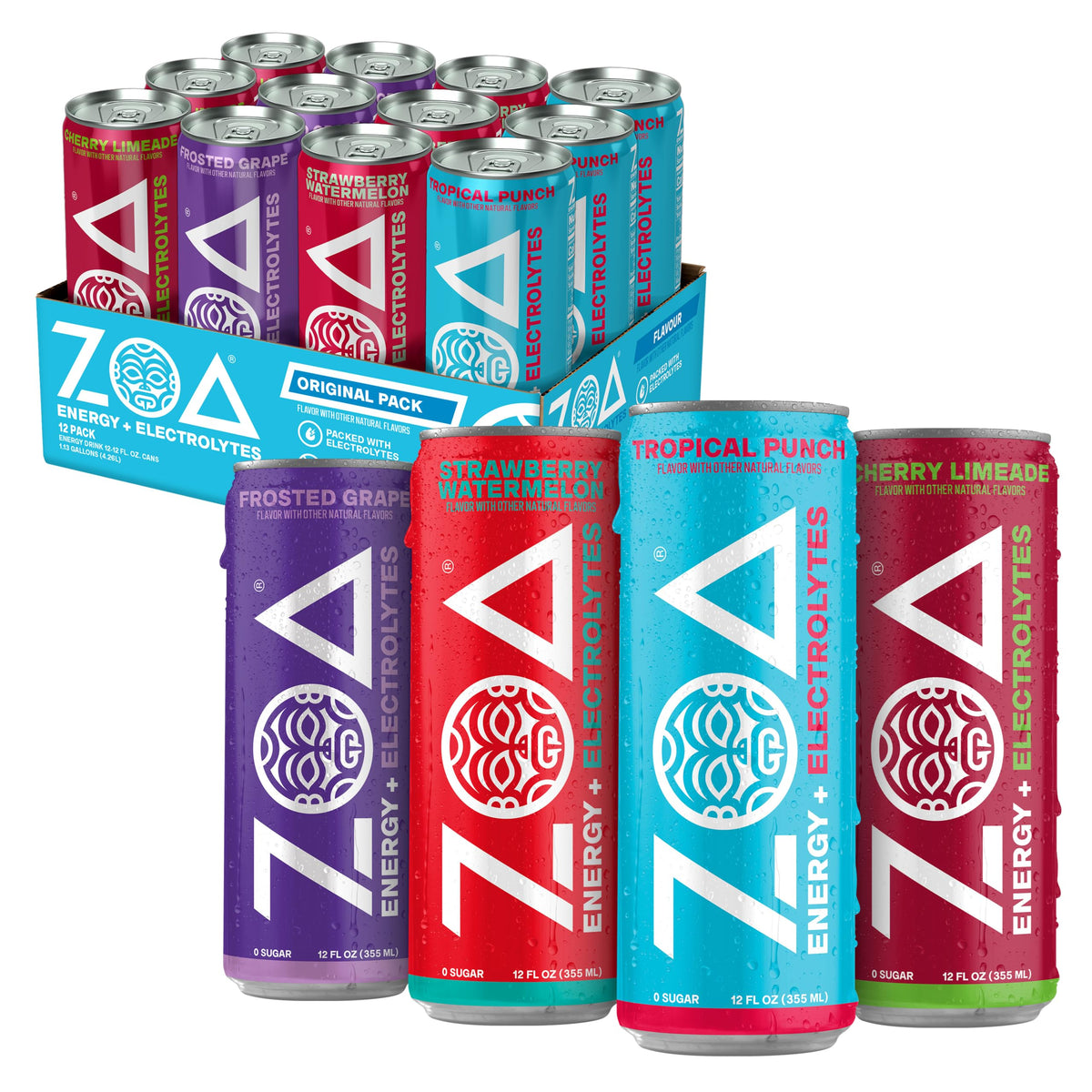 ZOA variety pack front packaging showing four flavors and benefits