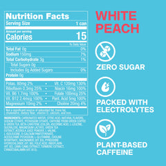 ZOA white peach can close-up label highlighting vitamins and zero sugar benefits