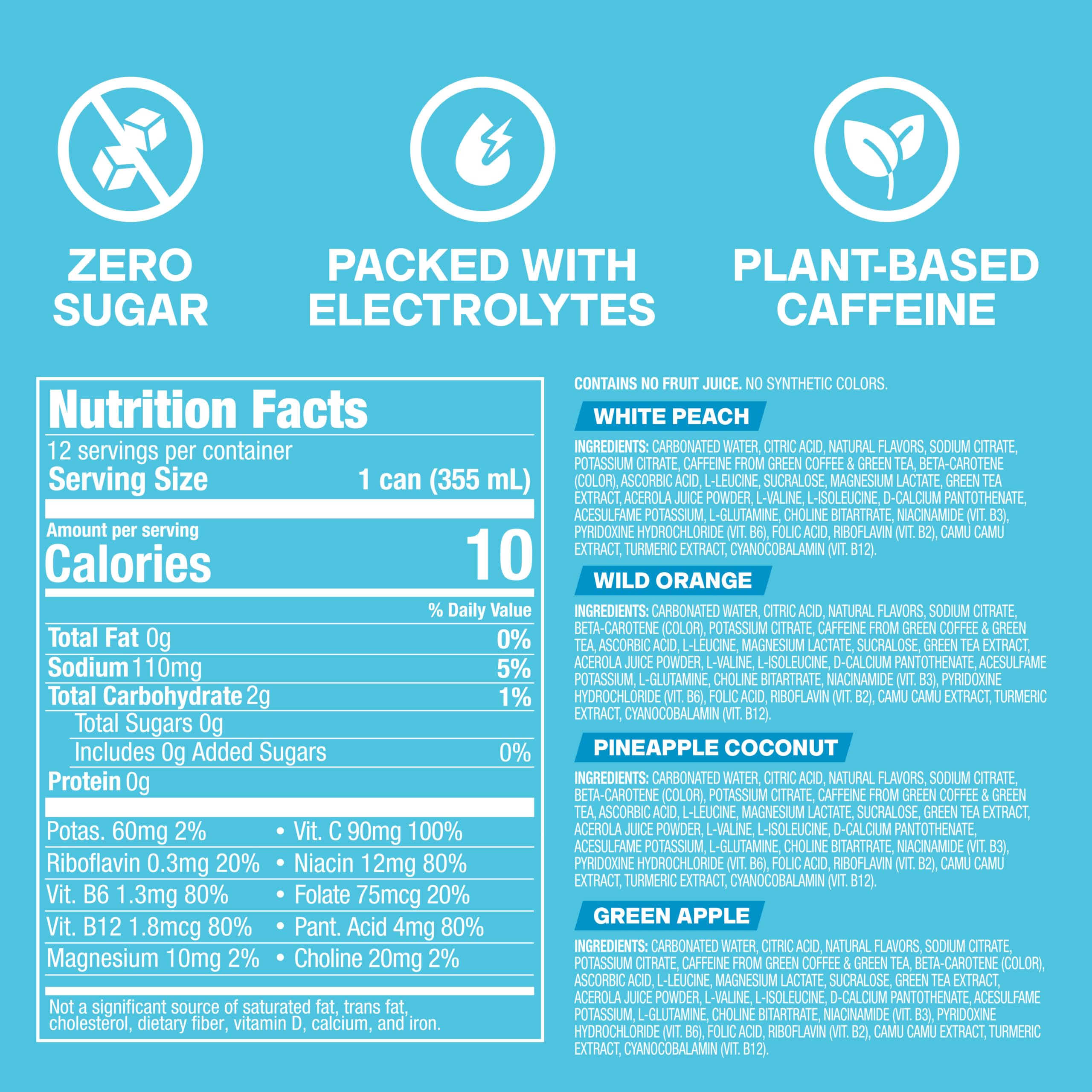 ZOA White Peach can close-up highlighting flavor and zero sugar benefit