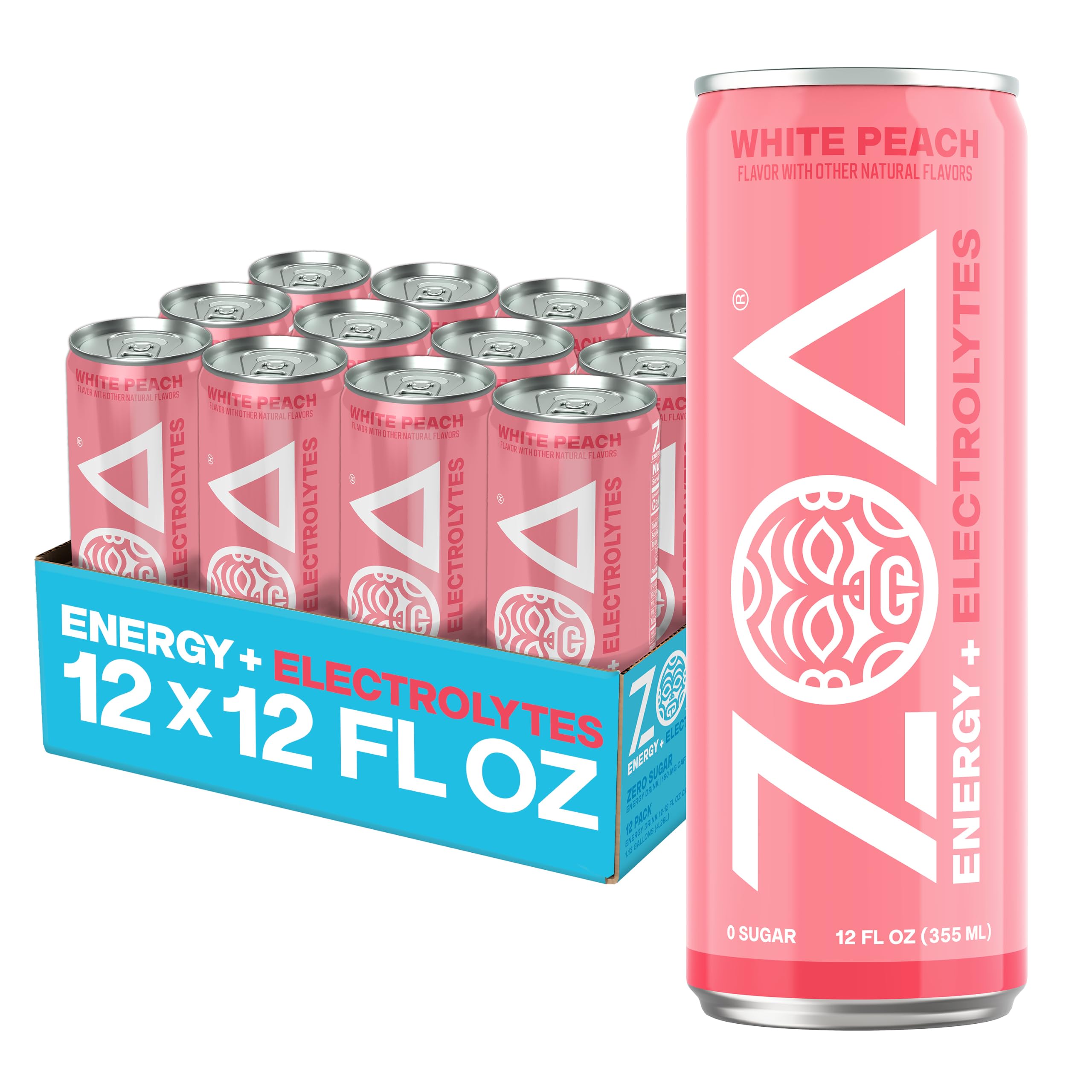 ZOA white peach front can showing branding and refreshing design benefit boost
