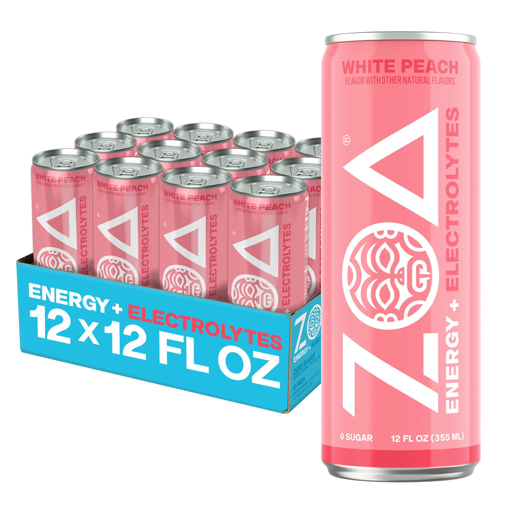 ZOA white peach front can showing branding and refreshing design benefit boost