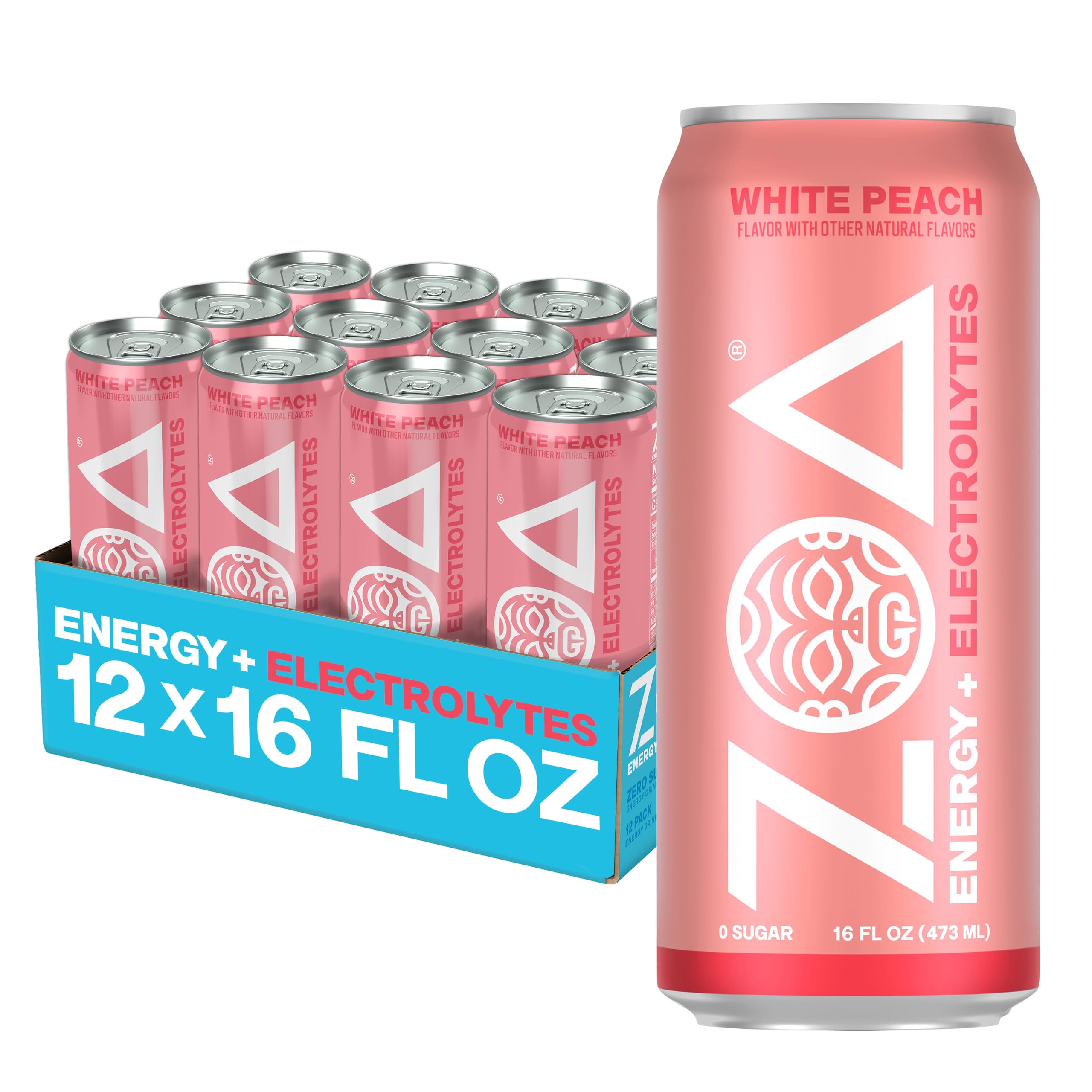 ZOA white peach front packaging showing 12-pack convenience and fresh flavor