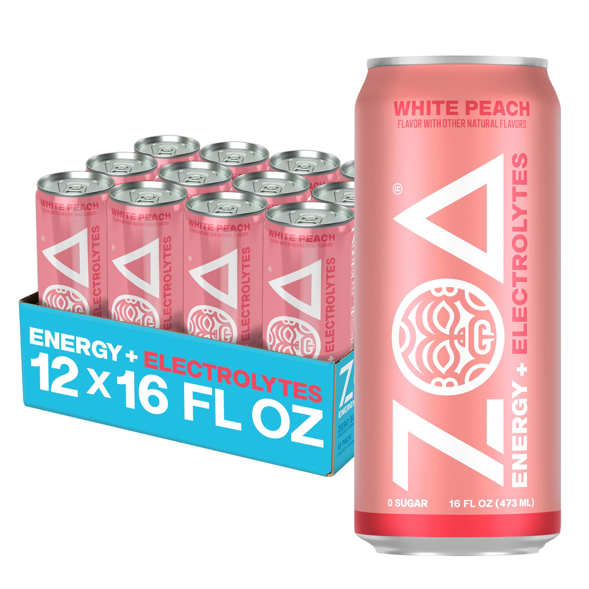 ZOA white peach front packaging showing 12-pack convenience and fresh flavor