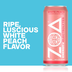 ZOA white peach can in hand for portability and on-the-go energy