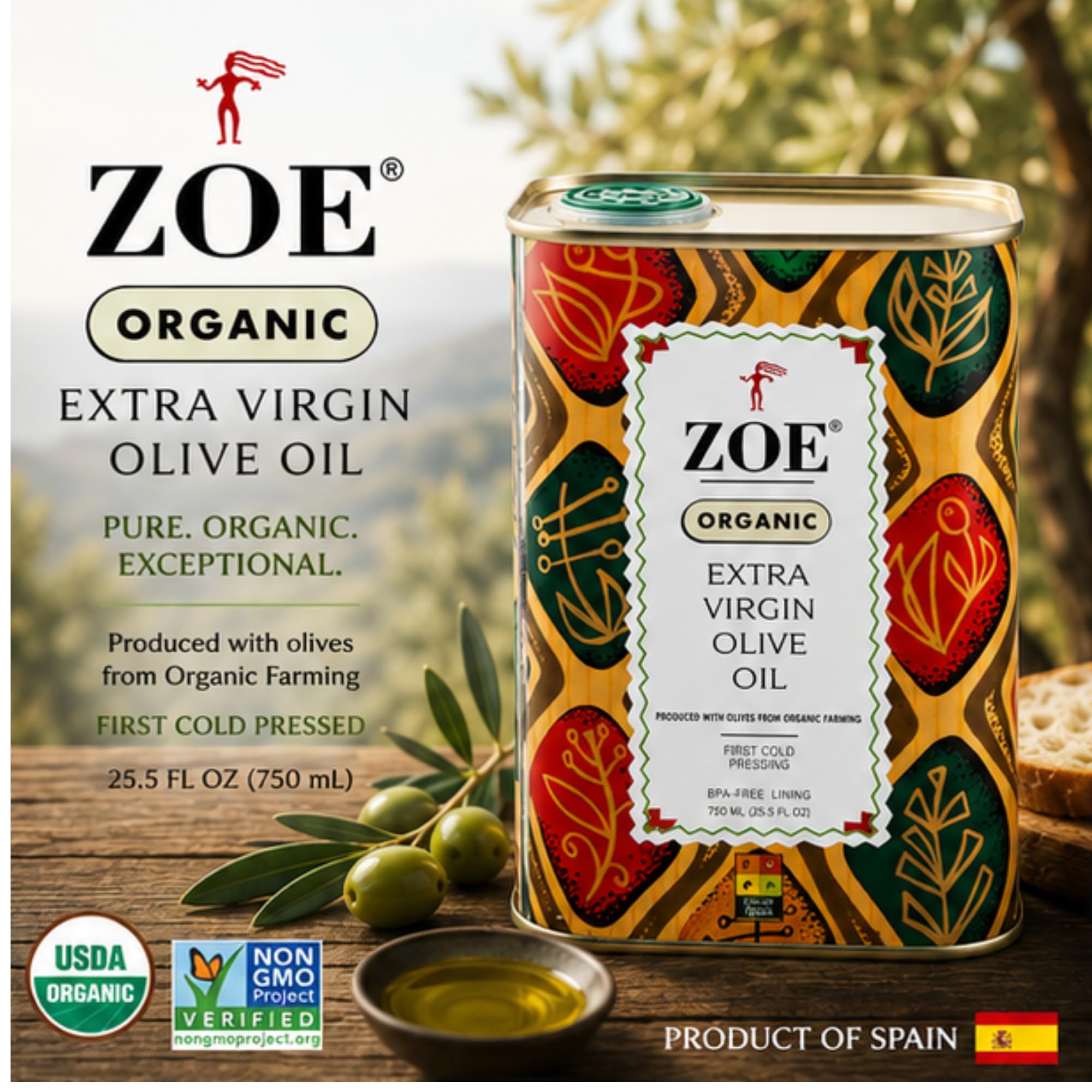 ZOE bottle beside basil tomatoes and bread, illustrating pairing and recipe ideas