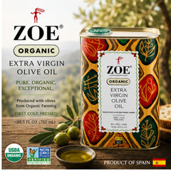 ZOE bottle beside basil tomatoes and bread, illustrating pairing and recipe ideas