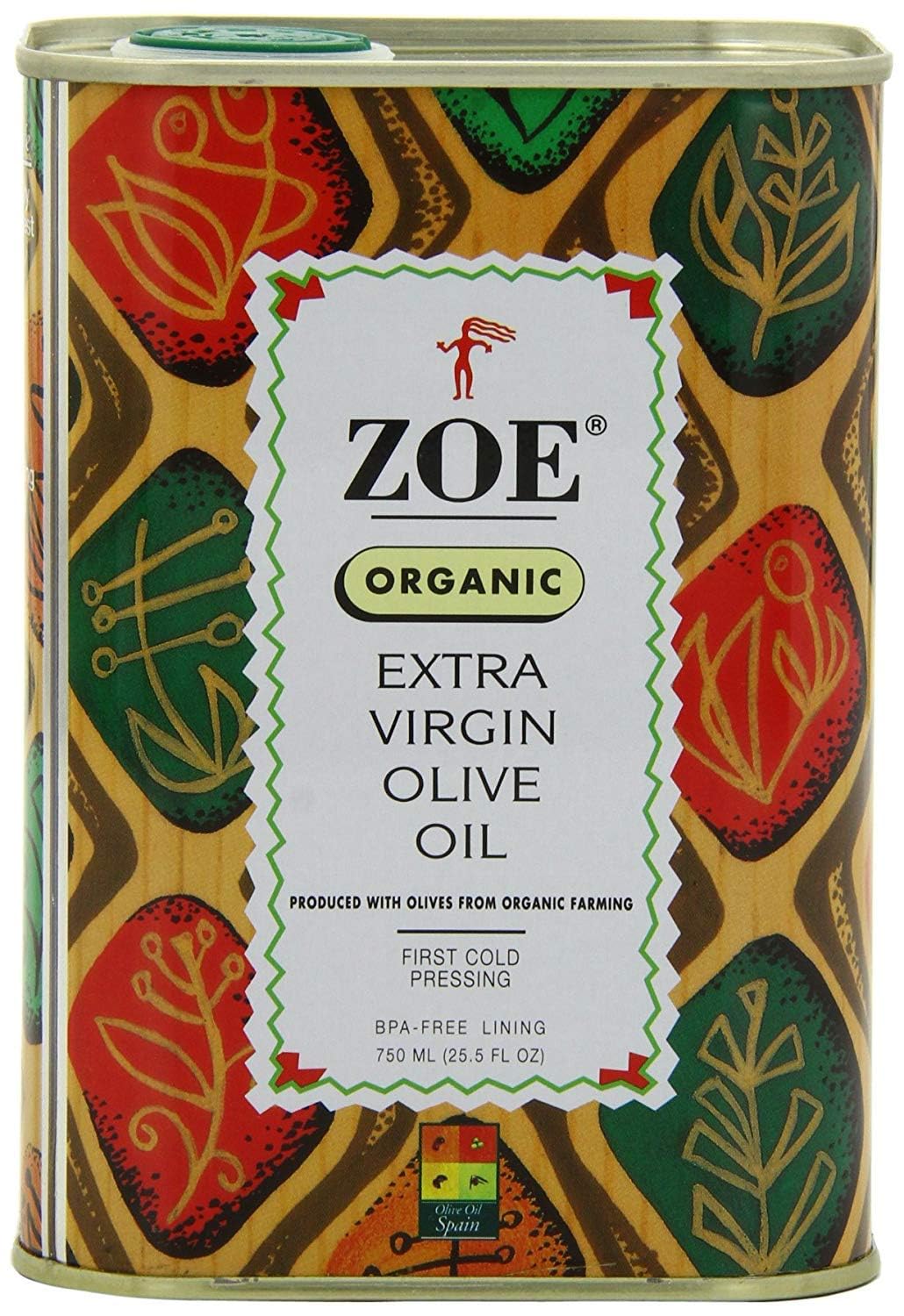 ZOE bottle front view showing organic extra virgin olive oil, enhances pantry appeal