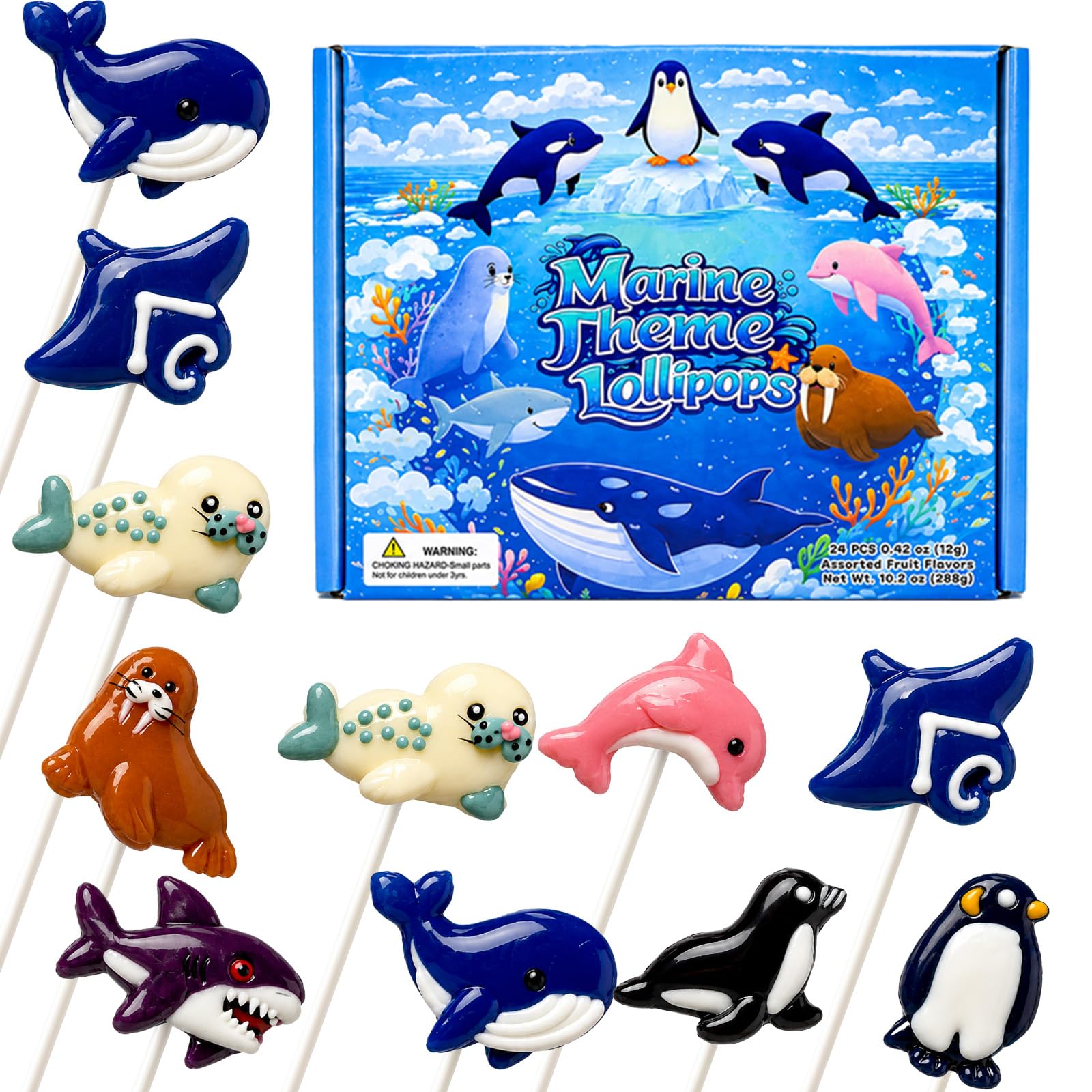 ZOFIA SWEET front packaging showing 24-count marine mammal lollipops, ideal for parties