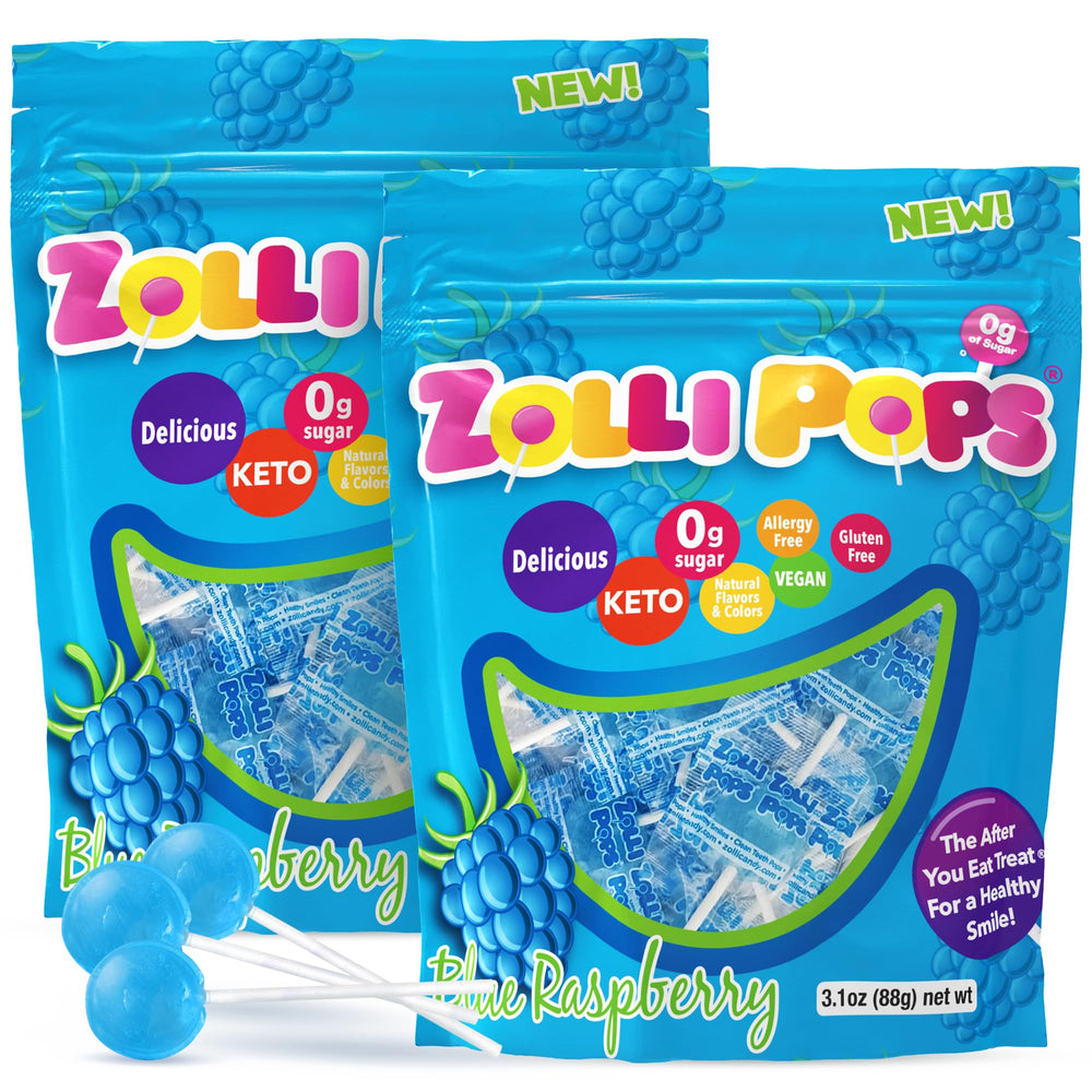 Zollipops front package showing blue raspberry flavor and benefits