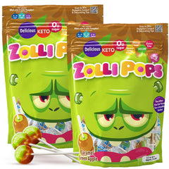 Zollipops front packaging showing caramel and green apple flavors and benefits