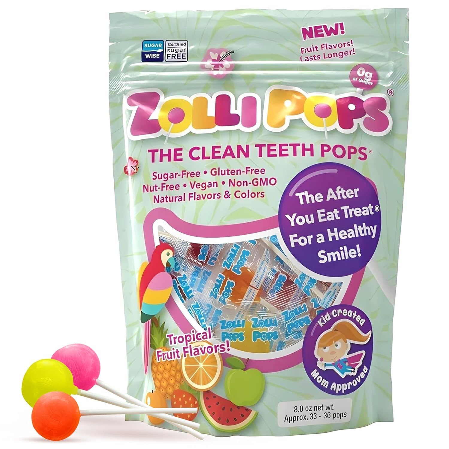 Zollipops front bag view showing tropical fruit flavor and benefits