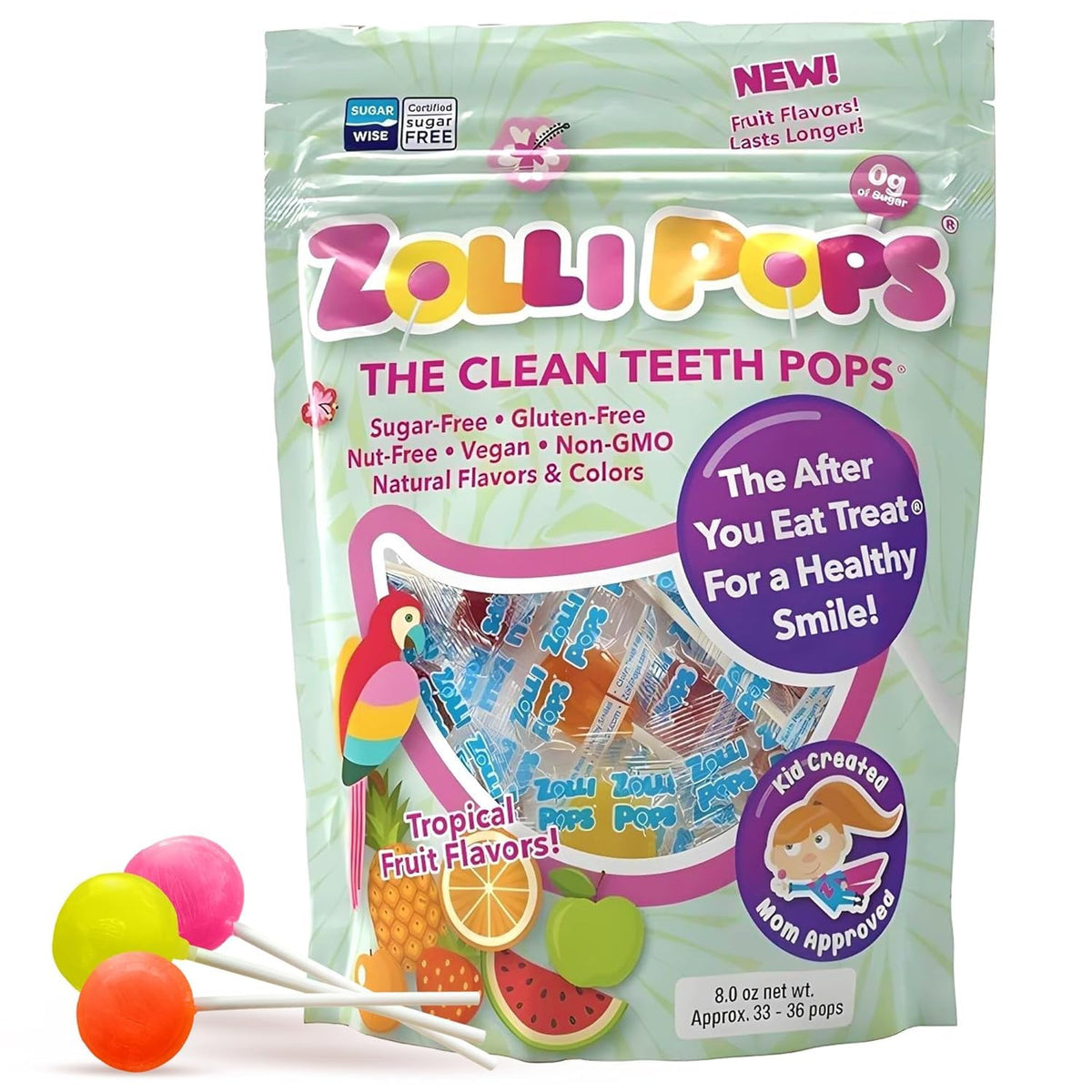 Zollipops front bag view showing tropical fruit flavor and benefits