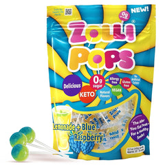 Zollipops front packaging showing lemonade and blue raspberry flavors and benefits