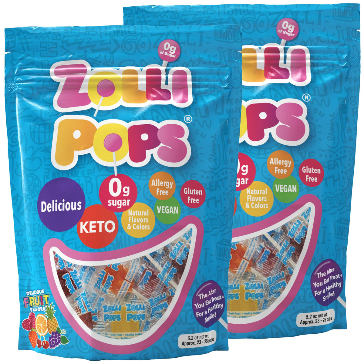 Zollipops front packaging showing dye-free candy and benefits