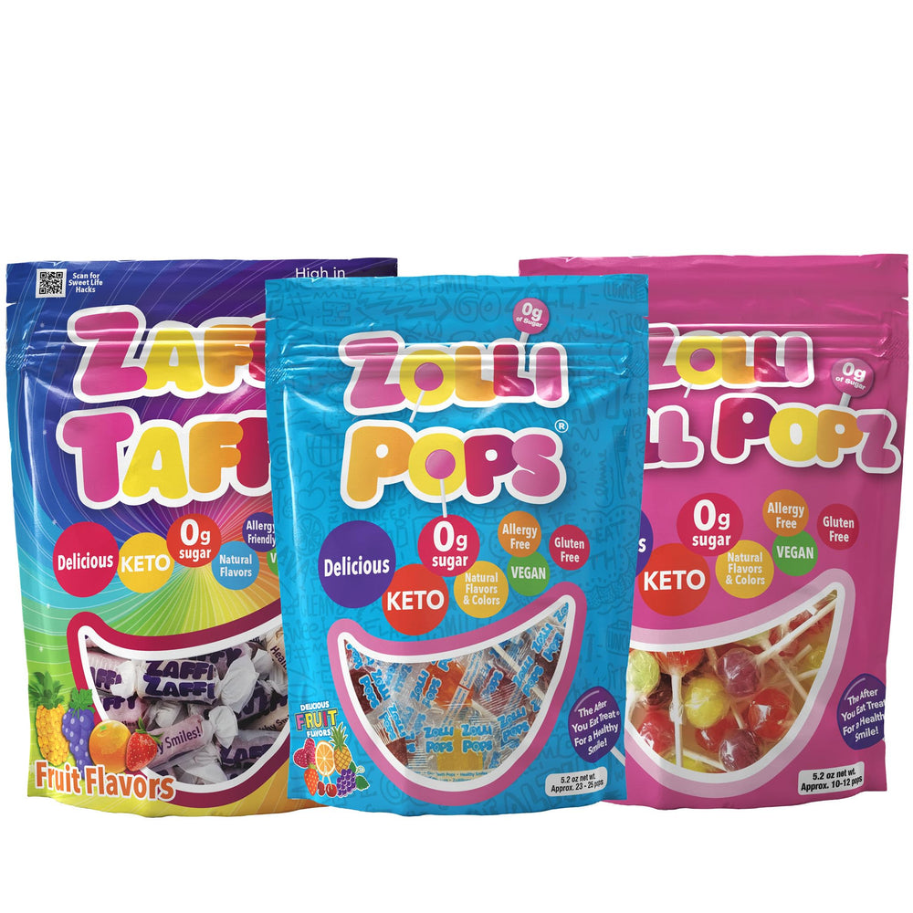 Zollipops front packaging showing variety pack and clear labeling, supports healthier treats