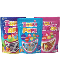 Zollipops front packaging showing variety pack and clear labeling, supports healthier treats