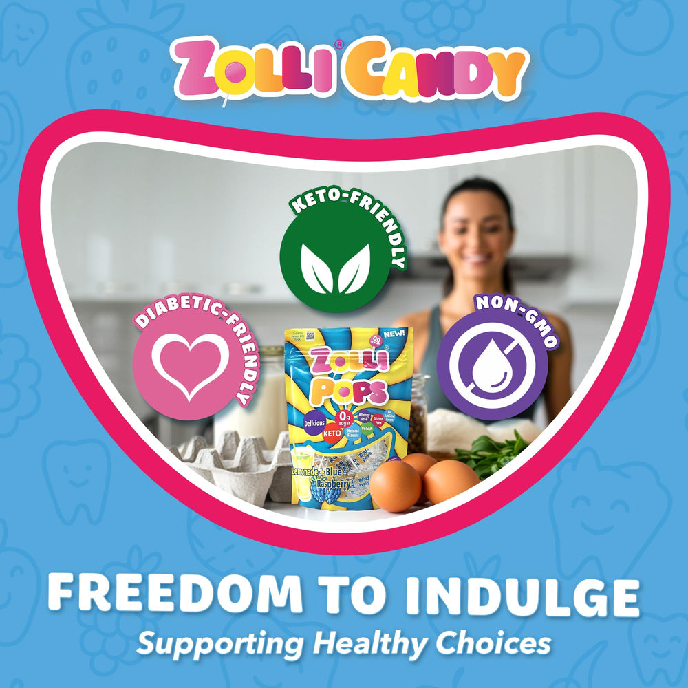 Zollipops label and ingredient panel displaying xylitol and allergen-free facts