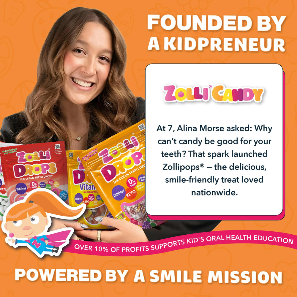 Zollipops lifestyle on kitchen table with snack bowl, brand family-friendly after-meal treat