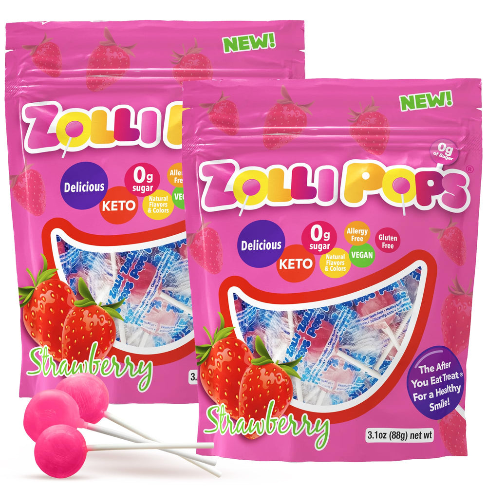 Zollipops front packaging showing strawberry bags and benefits