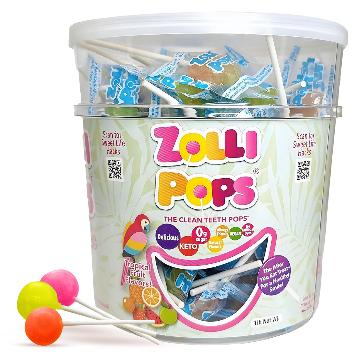 Zollipops front packaging showing tropical flavors and resealable bag convenience