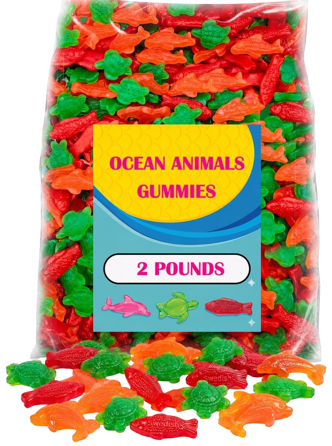 ZompoZ front packaging showing resealable 2 lb bag and colorful sea creature gummies for parties
