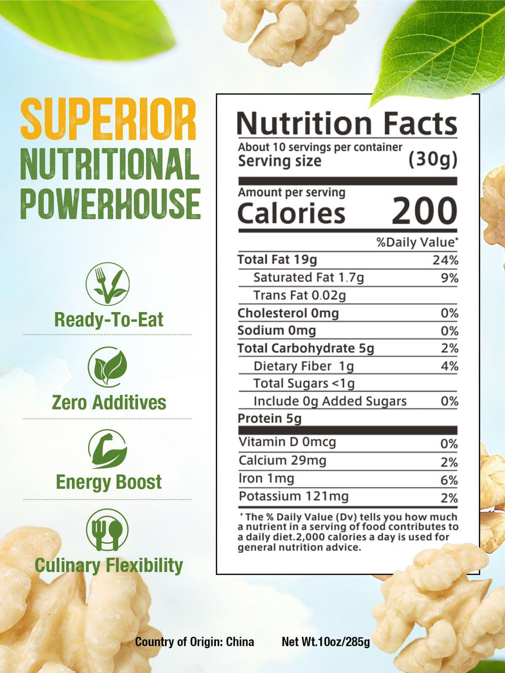 Zorrer walnuts on a kitchen counter in lifestyle setting, versatile ingredient for meals benefit