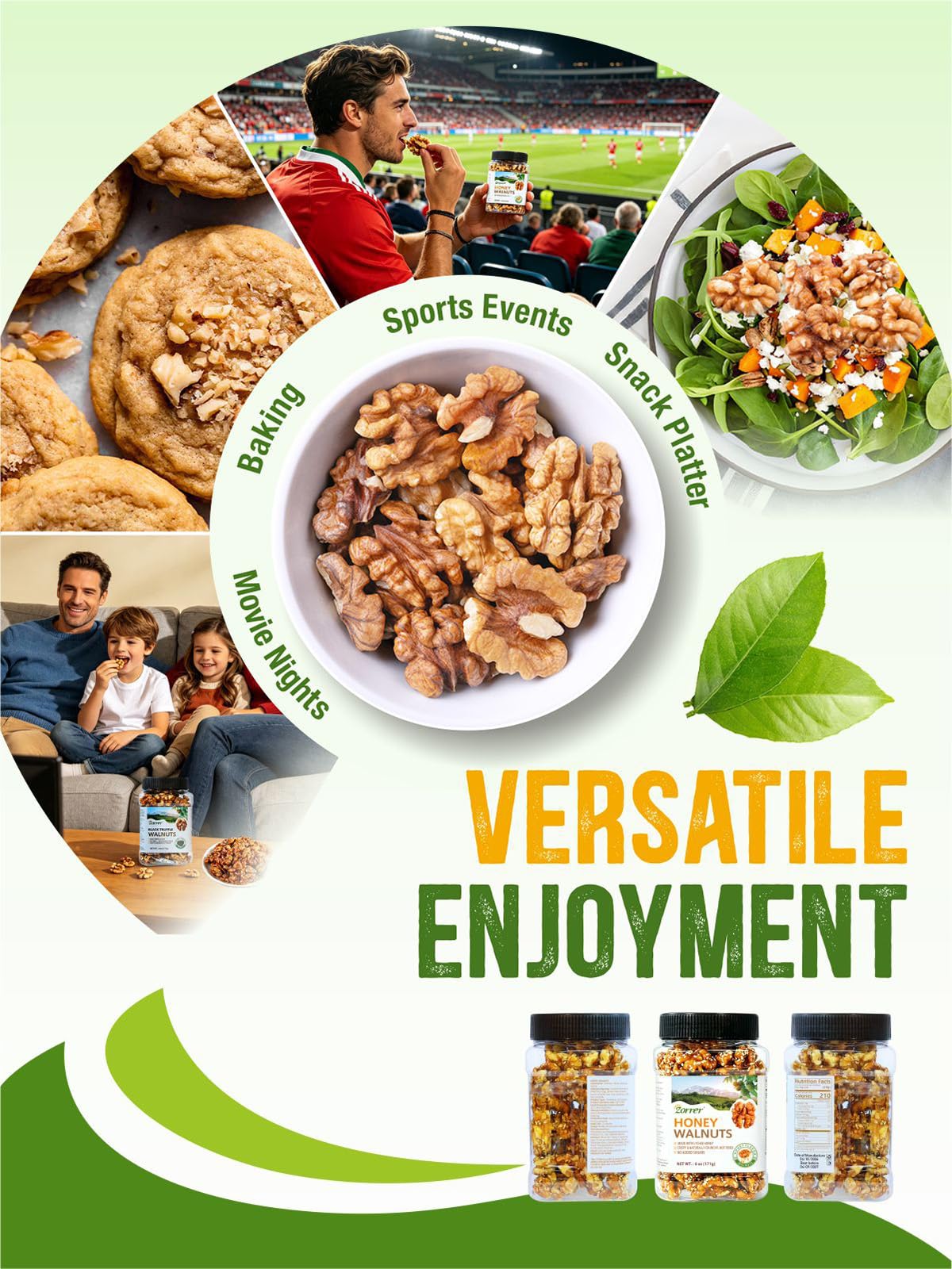 Zorrer hand holding walnuts illustrating portable, non-greasy snack advantage