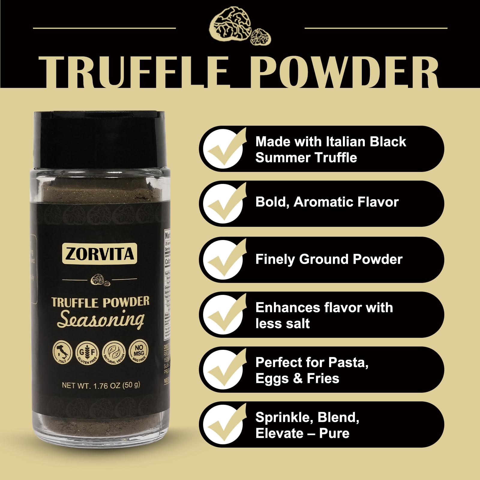 open Zorvita jar beside a ruler for scale, showing portable 1.76 oz size
