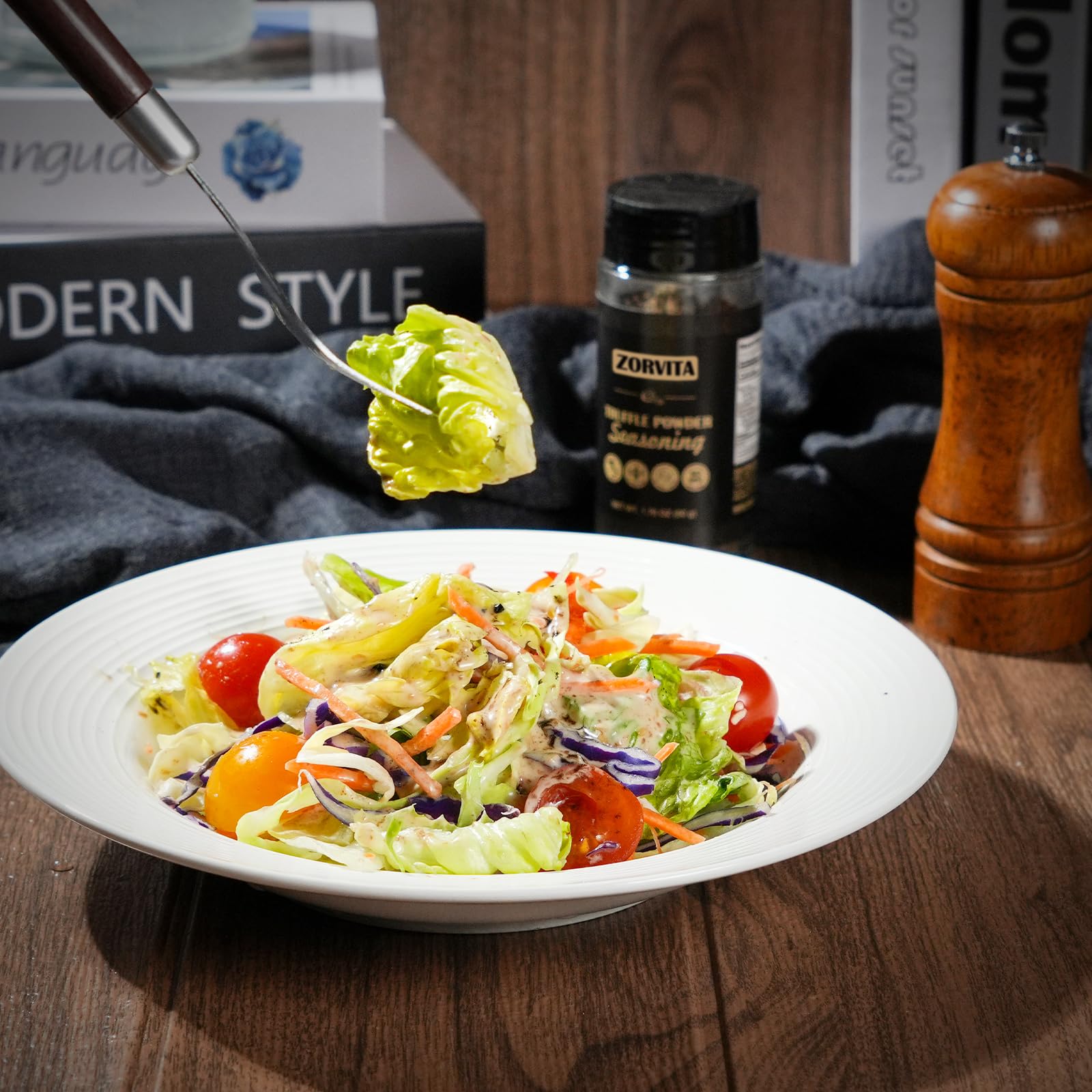 Zorvita jar on a kitchen counter with ingredients, showing easy pantry use