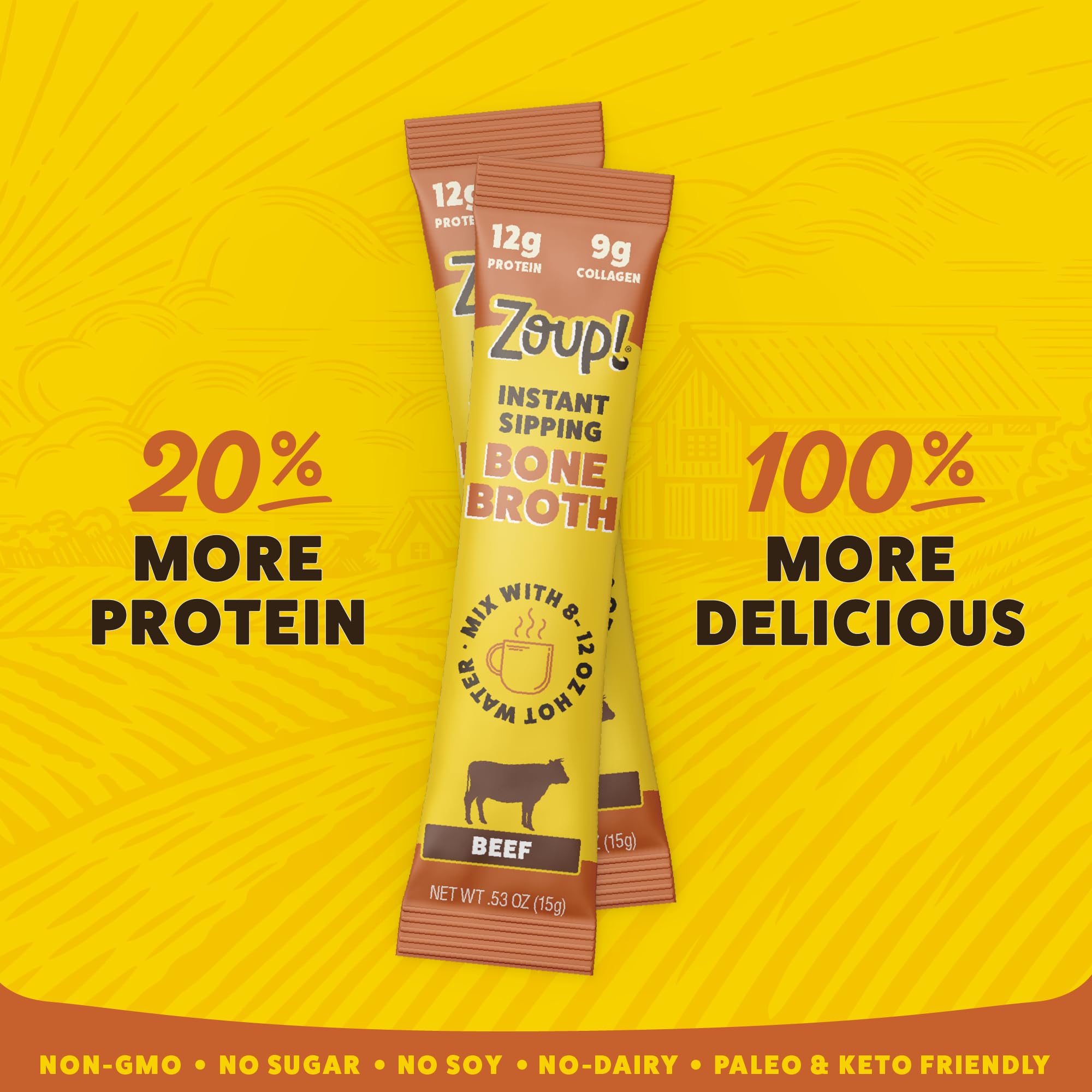 Zoup! beef broth steaming in mug ready to sip for quick warmth and protein