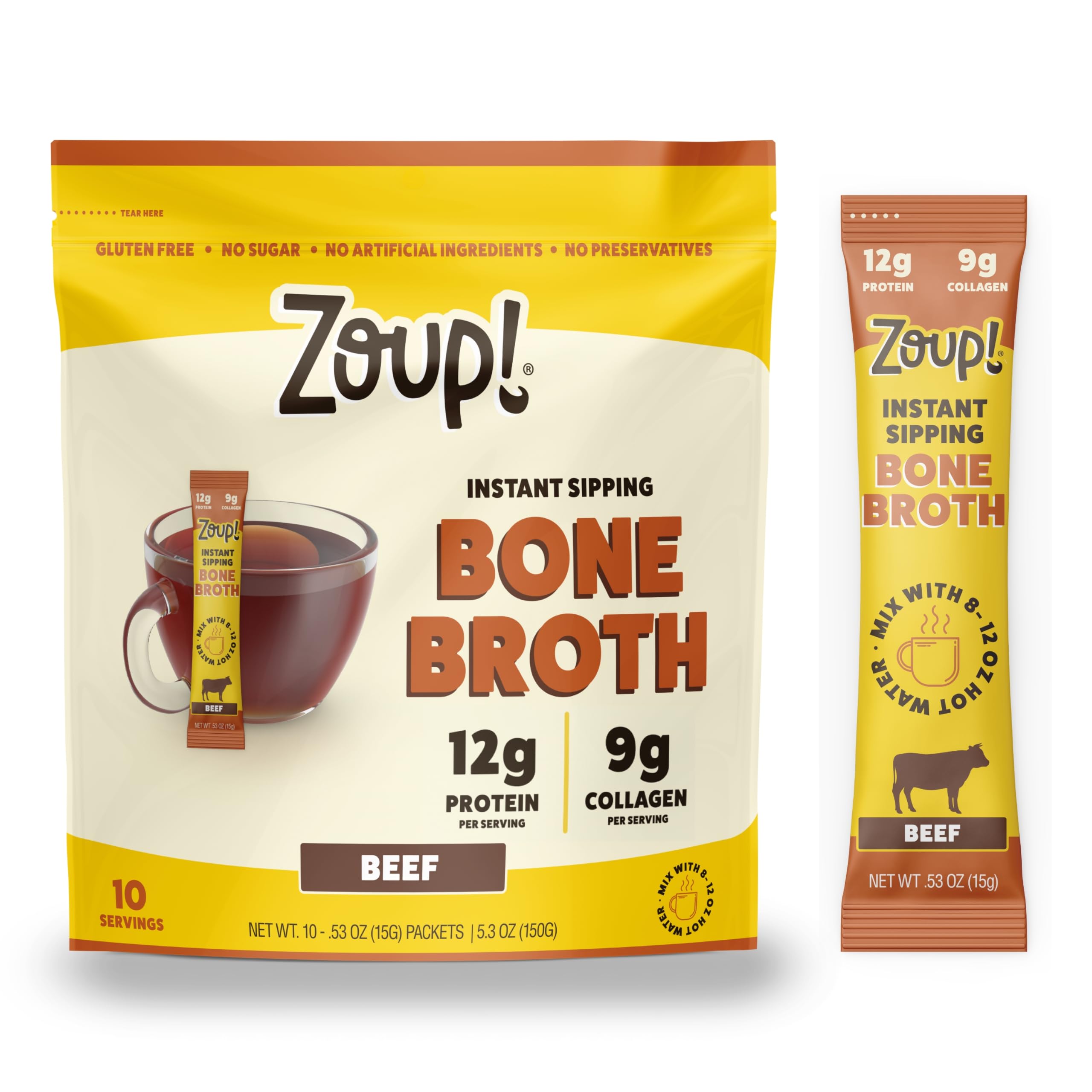 Zoup! beef packet front packaging showing single-serve convenience and clear branding benefit