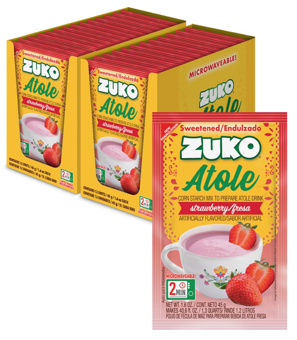 ZUKO front packaging showing 24 strawberry atole packets and benefits