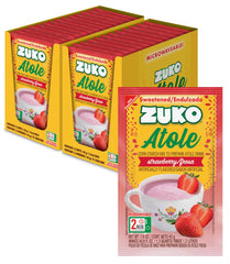 ZUKO front packaging showing 24 strawberry atole packets and benefits