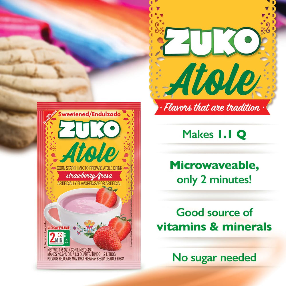 ZUKO strawberry atole poured showing creamy corn-starch texture benefit