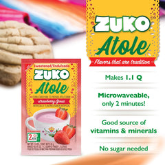 ZUKO strawberry atole poured showing creamy corn-starch texture benefit