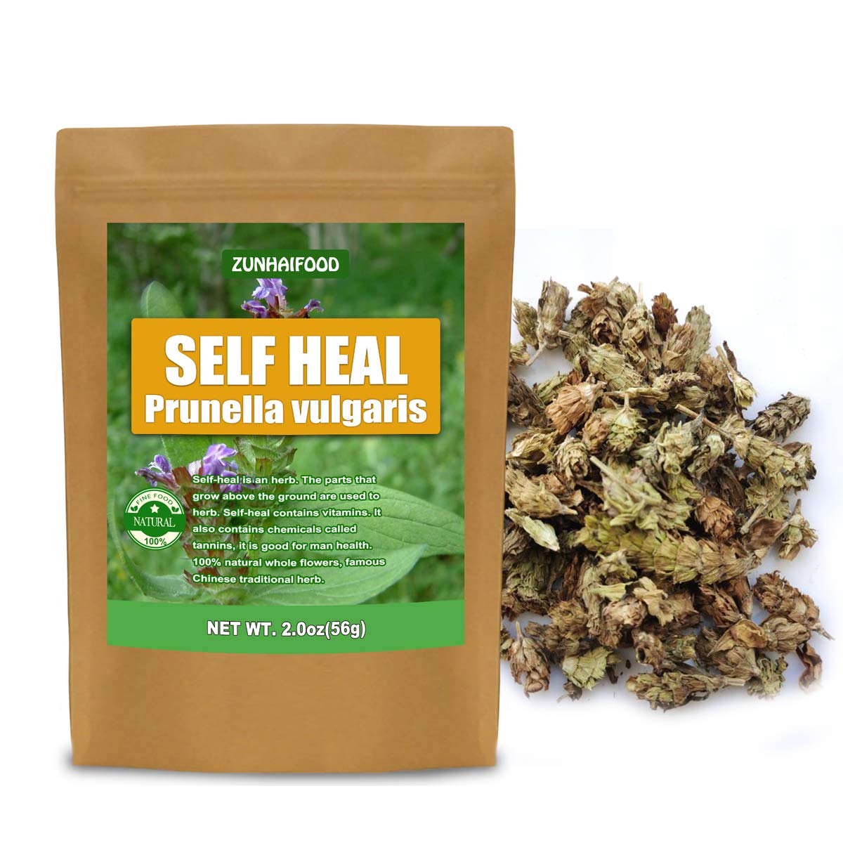 Zunhai Food loose dried self heal leaves and flowers spilling from pouch with visible whole pieces