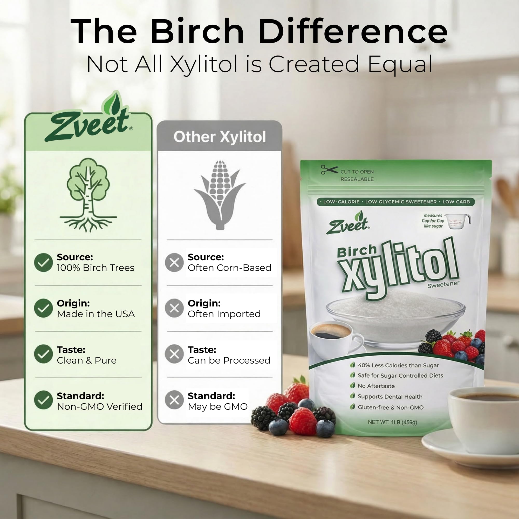 Zveet product label close view showing non-GMO, kosher and made in USA claims