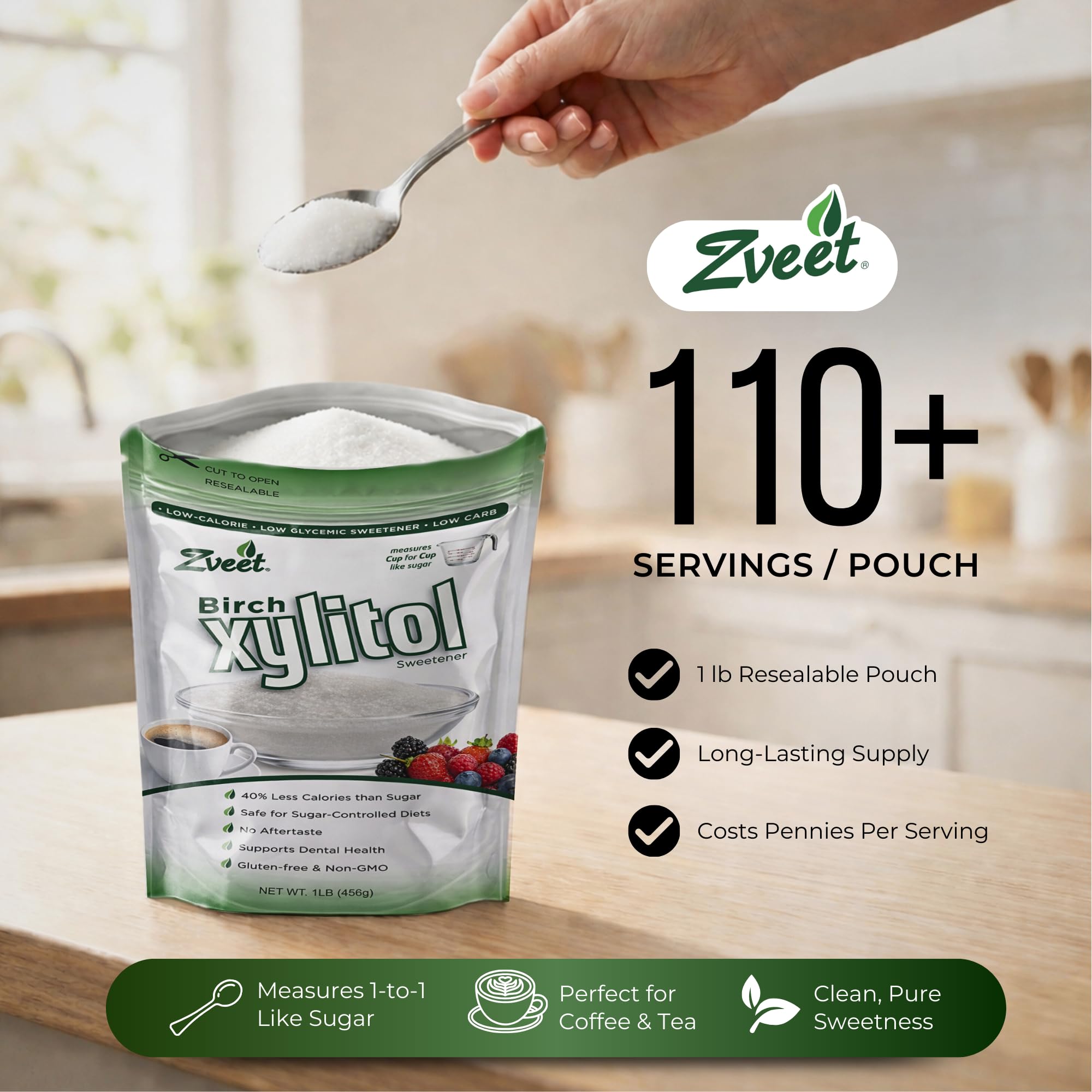 Zveet xylitol in measuring cup on kitchen scale showing one-to-one sugar substitution