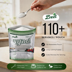 Zveet xylitol in measuring cup on kitchen scale showing one-to-one sugar substitution