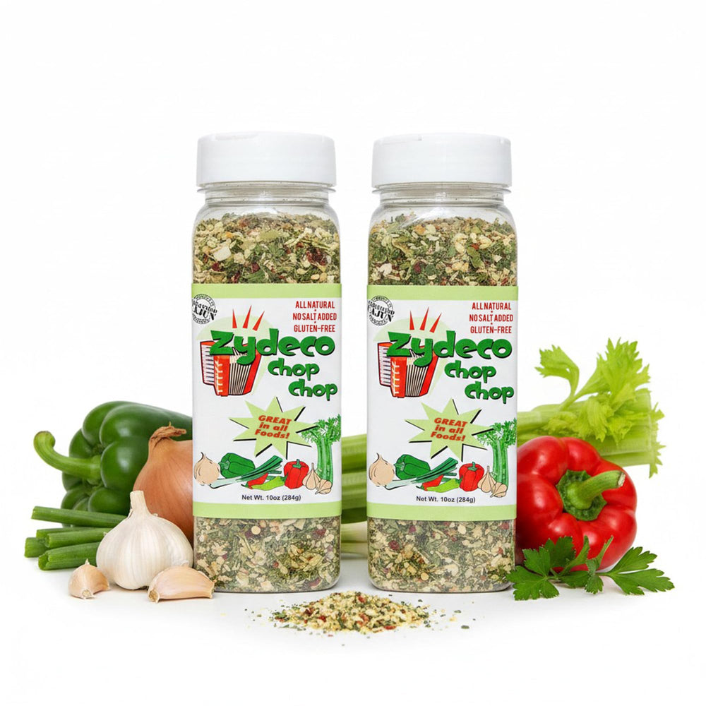 Zydeco Chop Chop front packaging showing two 10 oz shakers and labels for convenience